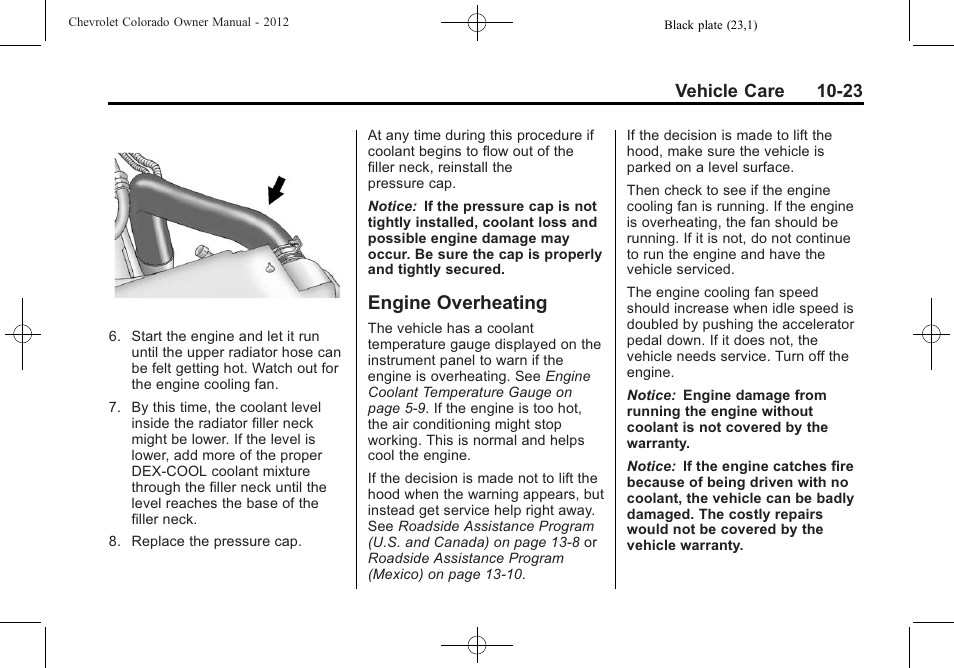 Engine overheating, Engine overheating -23, Headlamps | Vehicle care 10-23 | CHEVROLET 2012 Colorado User Manual | Page 273 / 408