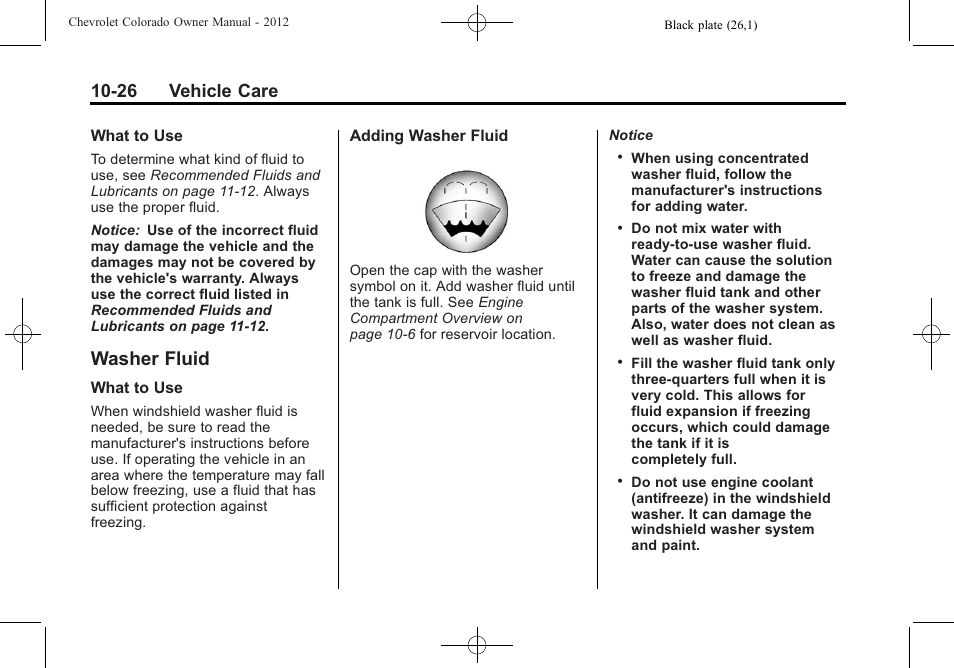 Washer fluid, Washer fluid -26, 26 vehicle care | CHEVROLET 2012 Colorado User Manual | Page 276 / 408