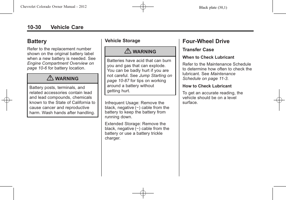 Battery, Four-wheel drive, Battery -30 four-wheel drive -30 | Replacement | CHEVROLET 2012 Colorado User Manual | Page 280 / 408