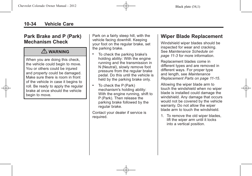 Park brake and p (park) mechanism check, Wiper blade replacement, Brake and p (park) | Mechanism check -34, Blade, Replacement -34 | CHEVROLET 2012 Colorado User Manual | Page 284 / 408