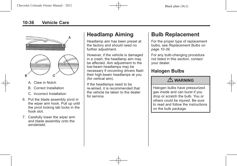 Headlamp aiming, Bulb replacement, Halogen bulbs | Headlamp aiming -36 bulb replacement -36, Aiming -36, Bulb replacement -36, Bulbs -36 | CHEVROLET 2012 Colorado User Manual | Page 286 / 408