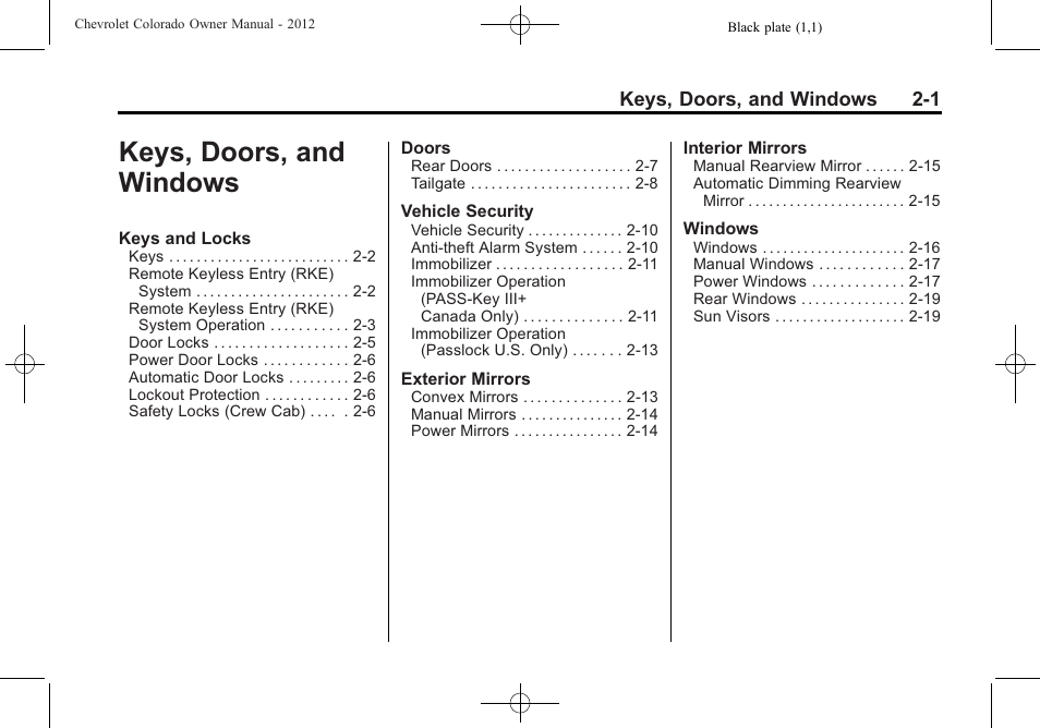 Keys, doors, and windows, Keys, doors, and, Windows -1 | CHEVROLET 2012 Colorado User Manual | Page 29 / 408