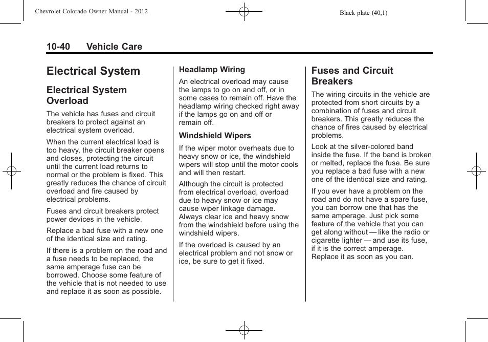 Electrical system, Electrical system overload, Fuses and circuit breakers | Overload -40, Fuses and circuit, Breakers -40 | CHEVROLET 2012 Colorado User Manual | Page 290 / 408