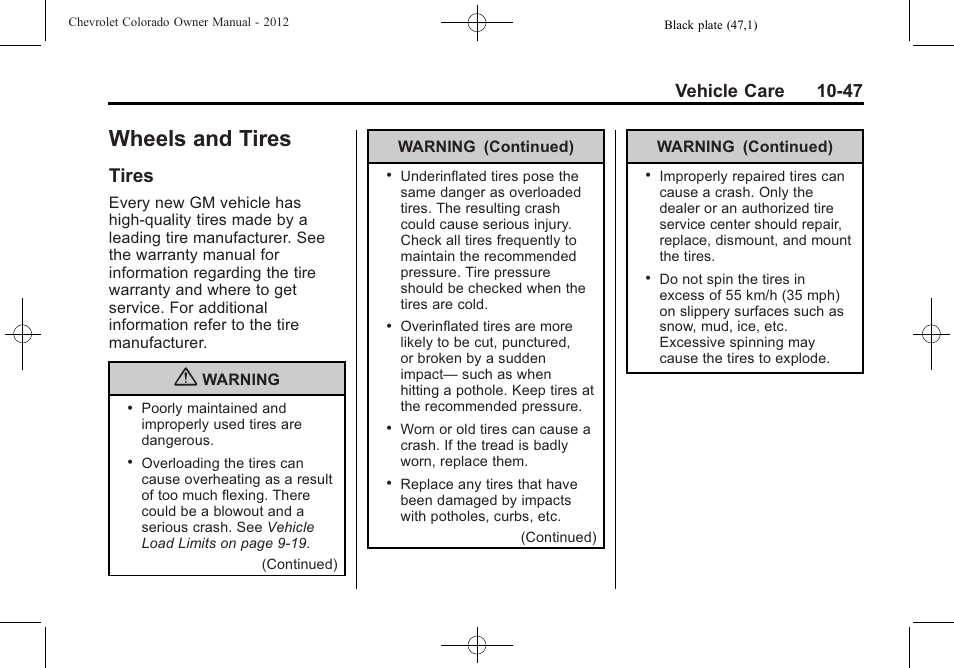 Wheels and tires, Tires, Tires -47 | Vehicle care 10-47 | CHEVROLET 2012 Colorado User Manual | Page 297 / 408