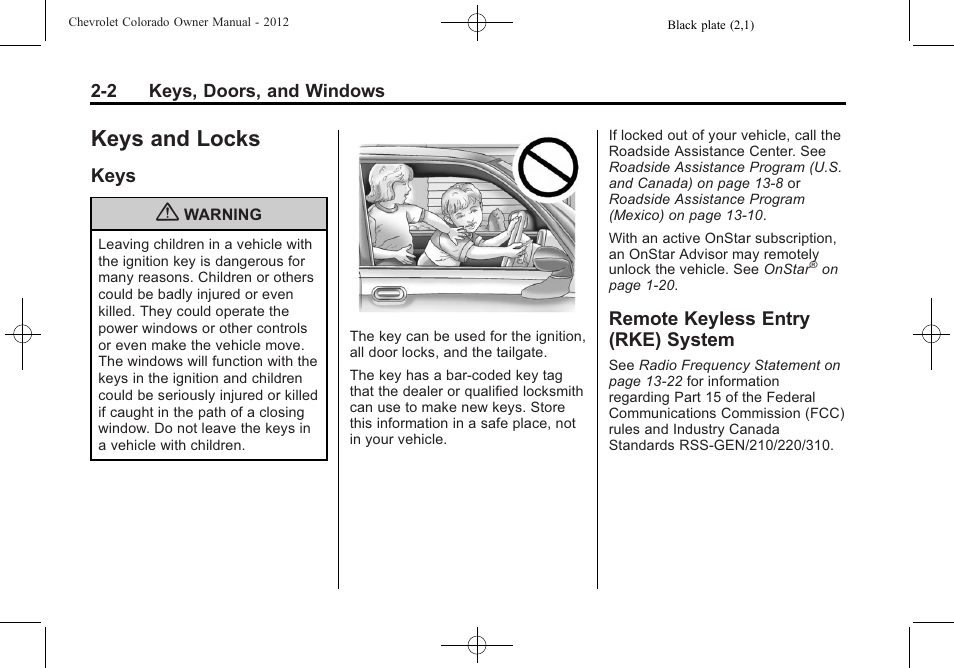 Keys and locks, Keys, Remote keyless entry (rke) system | Keys and locks -2, Interior lighting, Keys -2 remote keyless entry (rke), System -2 | CHEVROLET 2012 Colorado User Manual | Page 30 / 408