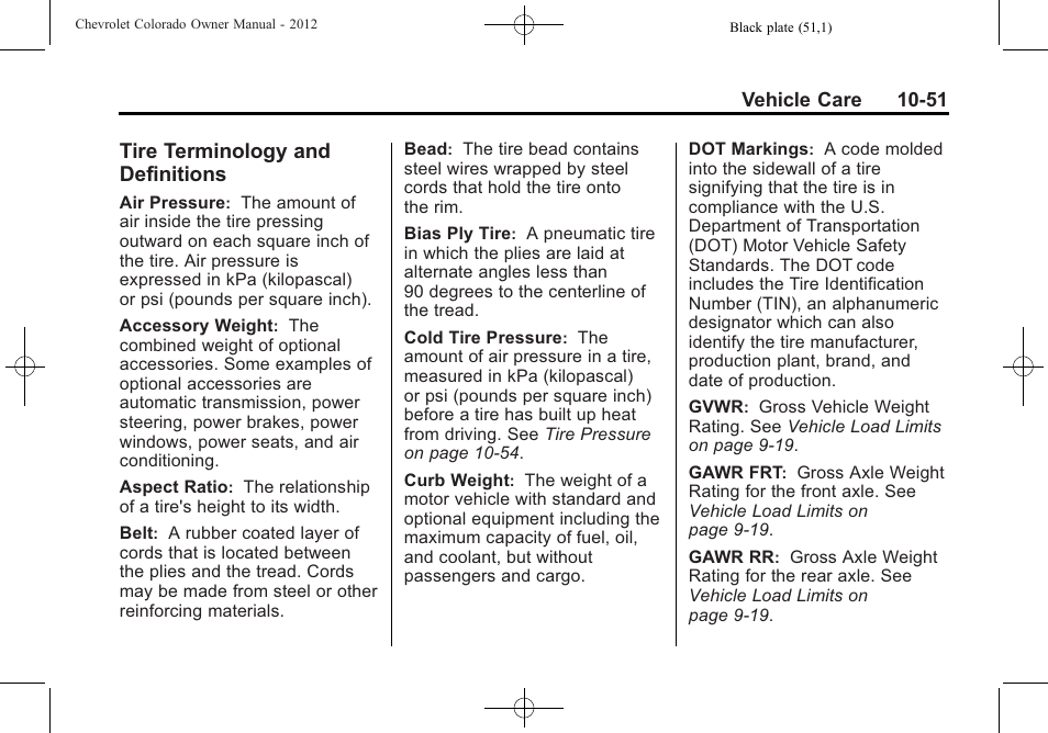 Tire terminology and definitions, Tire terminology and, Definitions -51 | CHEVROLET 2012 Colorado User Manual | Page 301 / 408