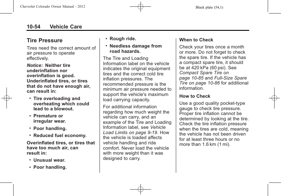 Tire pressure, Tire pressure -54, Jump | 54 vehicle care | CHEVROLET 2012 Colorado User Manual | Page 304 / 408