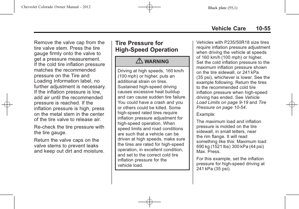 Tire pressure for high-speed operation, Tire pressure for high-speed, Operation -55 | CHEVROLET 2012 Colorado User Manual | Page 305 / 408