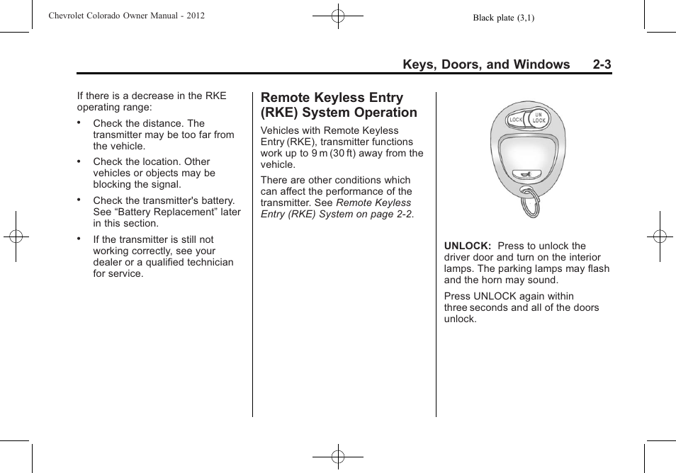 Remote keyless entry (rke) system operation, Remote keyless entry (rke), System operation -3 | Immobilizer, Keys, doors, and windows 2-3 | CHEVROLET 2012 Colorado User Manual | Page 31 / 408