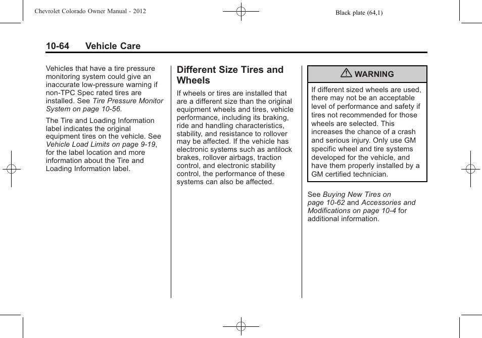 Different size tires and wheels, Different size tires and, Wheels -64 | CHEVROLET 2012 Colorado User Manual | Page 314 / 408