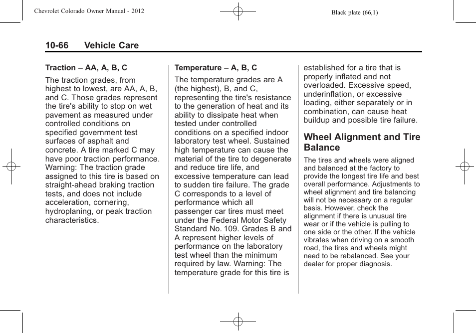 Wheel alignment and tire balance, Wheel alignment and tire, Balance -66 | CHEVROLET 2012 Colorado User Manual | Page 316 / 408