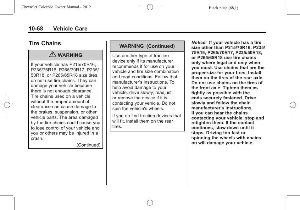 Tire chains, Tire chains -68 | CHEVROLET 2012 Colorado User Manual | Page 318 / 408