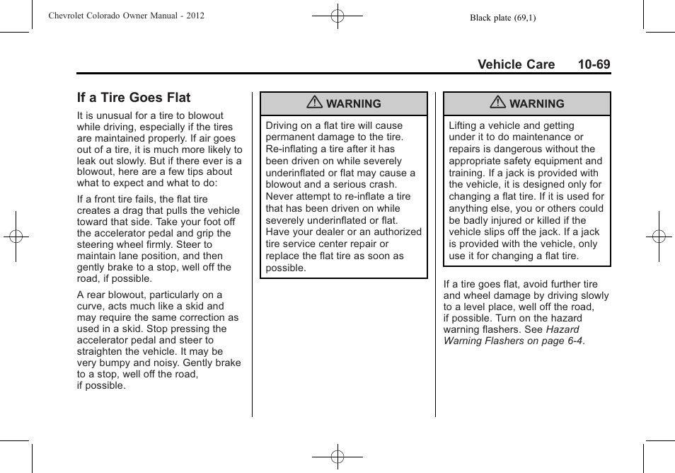 If a tire goes flat, If a tire goes flat -69 | CHEVROLET 2012 Colorado User Manual | Page 319 / 408