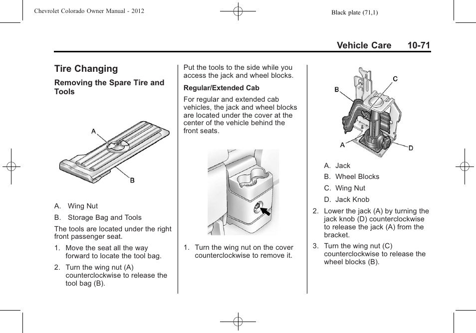 Tire changing, Tire changing -71, Vehicle care 10-71 | CHEVROLET 2012 Colorado User Manual | Page 321 / 408