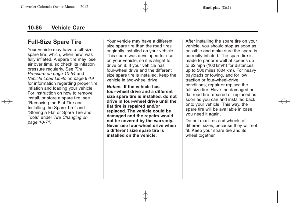 Full-size spare tire, Full-size spare tire -86 | CHEVROLET 2012 Colorado User Manual | Page 336 / 408