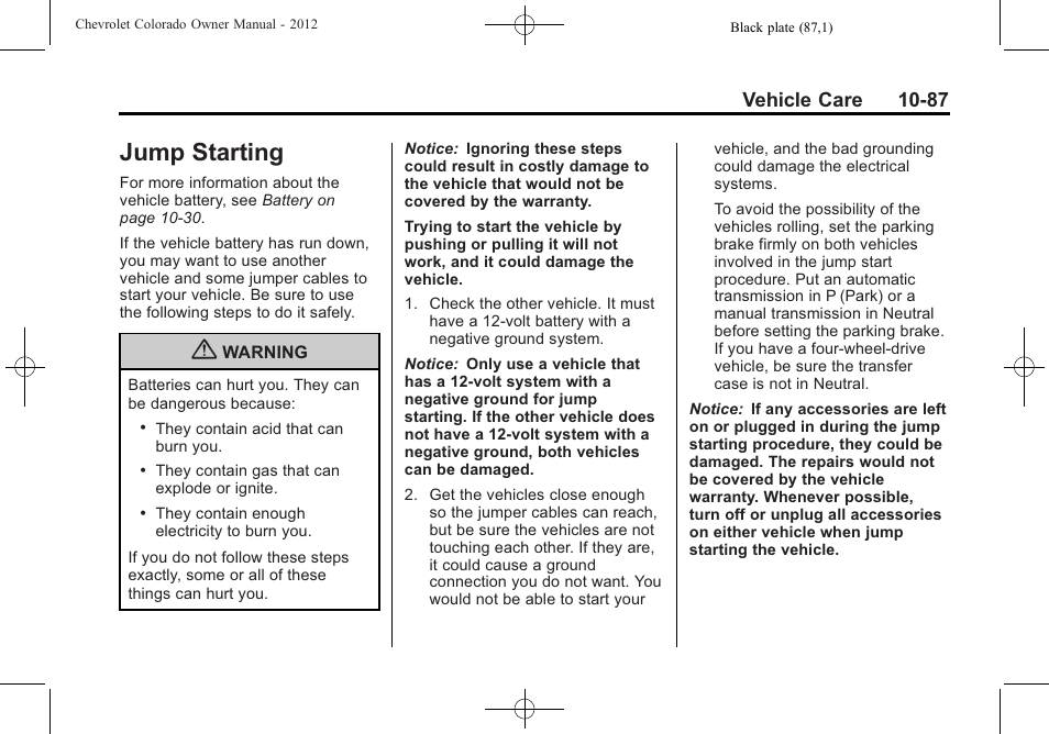 Jump starting, Jump starting -87, Vehicle care 10-87 | CHEVROLET 2012 Colorado User Manual | Page 337 / 408