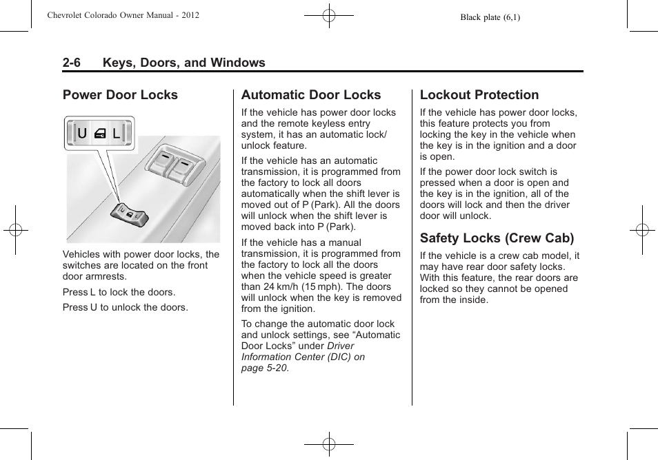 Power door locks, Automatic door locks, Lockout protection | Safety locks (crew cab) | CHEVROLET 2012 Colorado User Manual | Page 34 / 408