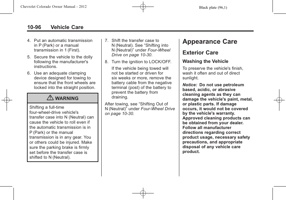 Appearance care, Exterior care, Appearance care -96 | Exterior care -96 | CHEVROLET 2012 Colorado User Manual | Page 346 / 408