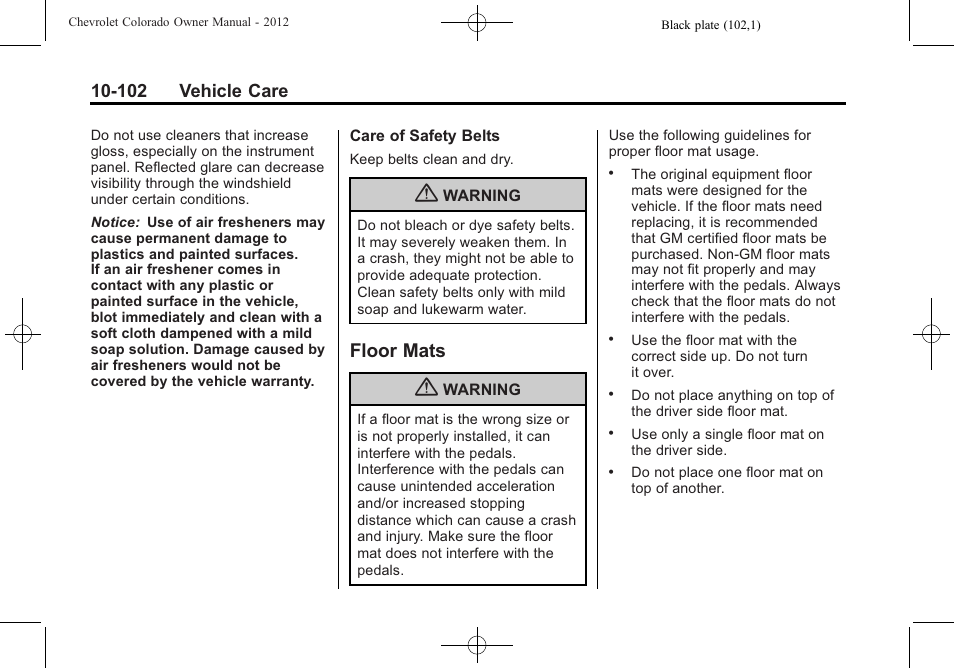 Floor mats, Floor mats -102, 102 vehicle care | CHEVROLET 2012 Colorado User Manual | Page 352 / 408