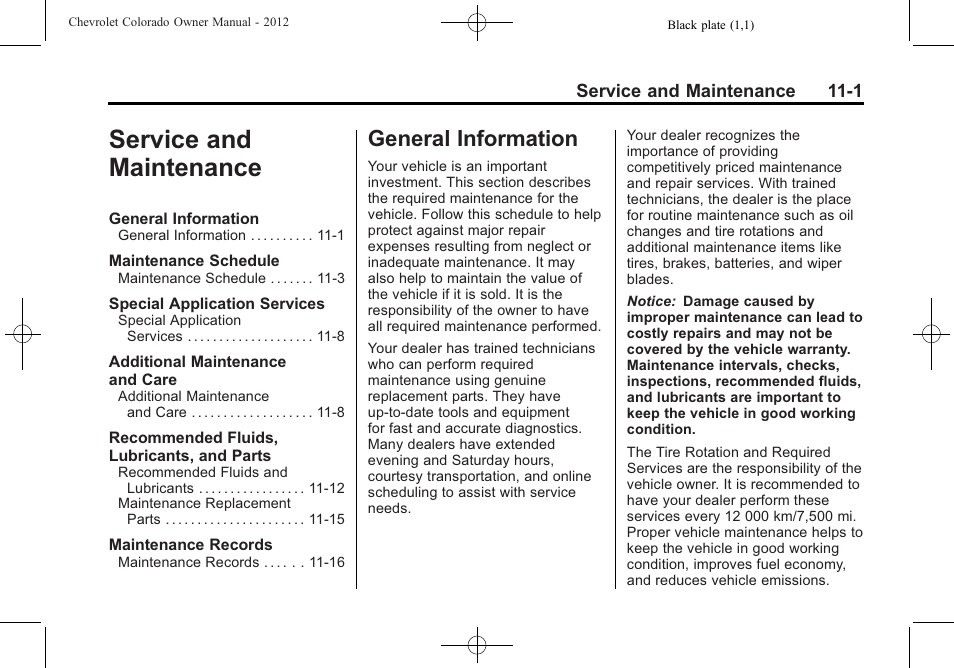 Service and maintenance, General information, And maintenance -1 | General information -1 | CHEVROLET 2012 Colorado User Manual | Page 353 / 408