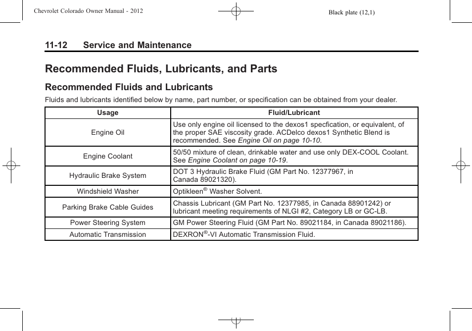 Recommended fluids, lubricants, and parts, Recommended fluids and lubricants, Recommended fluids | Lubricants, and parts -12, Recommended fluids and, Lubricants -12, 12 service and maintenance | CHEVROLET 2012 Colorado User Manual | Page 364 / 408