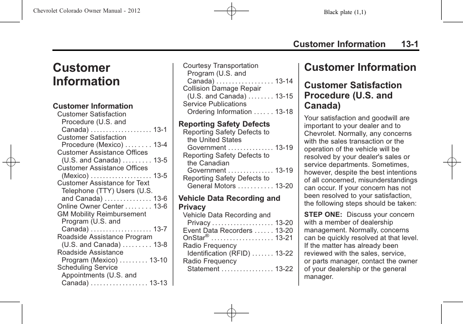 Customer information, Customer satisfaction procedure (u.s. and canada), Customer information -1 | Customer, Customer information 13-1 | CHEVROLET 2012 Colorado User Manual | Page 375 / 408