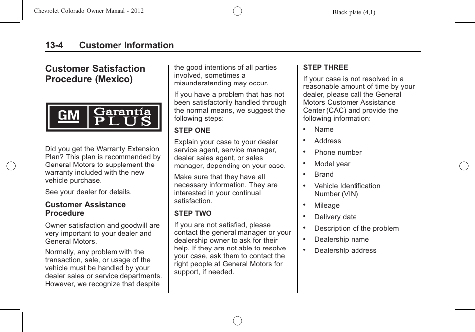 Customer satisfaction procedure (mexico), Customer satisfaction, Procedure (mexico) -4 | 4 customer information | CHEVROLET 2012 Colorado User Manual | Page 378 / 408