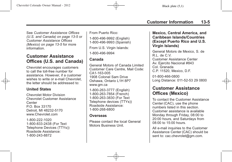 Customer assistance offices (u.s. and canada), Customer assistance offices (mexico), Customer assistance offices | U.s. and canada) -5, Mexico) -5, Reporting safety | CHEVROLET 2012 Colorado User Manual | Page 379 / 408