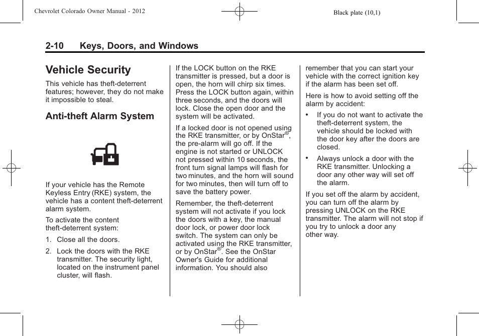 Vehicle security, Anti-theft alarm system, Vehicle security -10 | Vehicle security -10 anti-theft alarm system -10, 10 keys, doors, and windows | CHEVROLET 2012 Colorado User Manual | Page 38 / 408