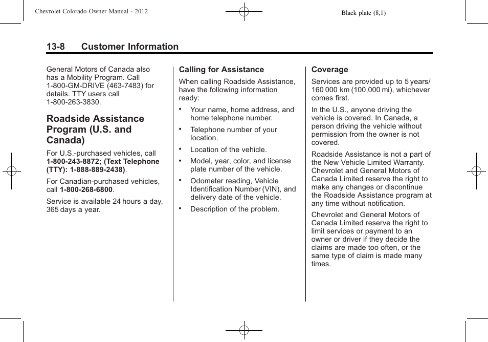 Roadside assistance program (u.s. and canada), Roadside assistance program, U.s. and canada) -8 | Radio frequency, 8 customer information | CHEVROLET 2012 Colorado User Manual | Page 382 / 408