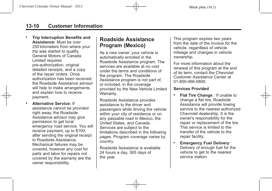 Roadside assistance program (mexico), Roadside assistance, Program (mexico) -10 | 10 customer information | CHEVROLET 2012 Colorado User Manual | Page 384 / 408