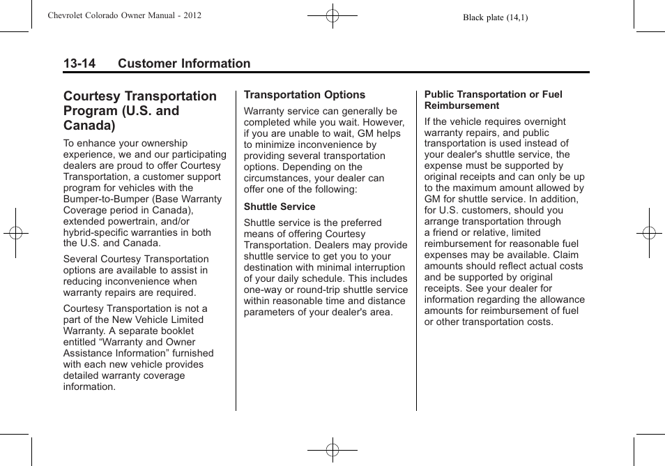 Courtesy transportation program (u.s. and canada), Courtesy transportation, Program (u.s. and canada) -14 | CHEVROLET 2012 Colorado User Manual | Page 388 / 408