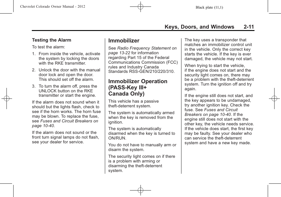 Immobilizer, Immobilizer operation (pass-key iii+ canada only), Immobilizer -11 immobilizer operation | Pass-key iii+ canada only) -11 | CHEVROLET 2012 Colorado User Manual | Page 39 / 408