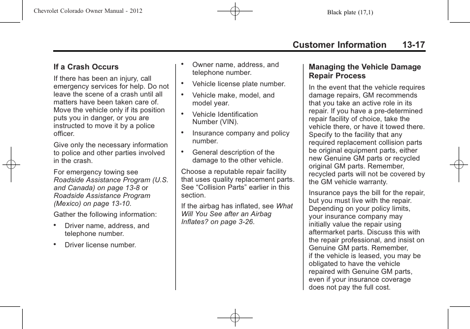 Customer information 13-17 | CHEVROLET 2012 Colorado User Manual | Page 391 / 408