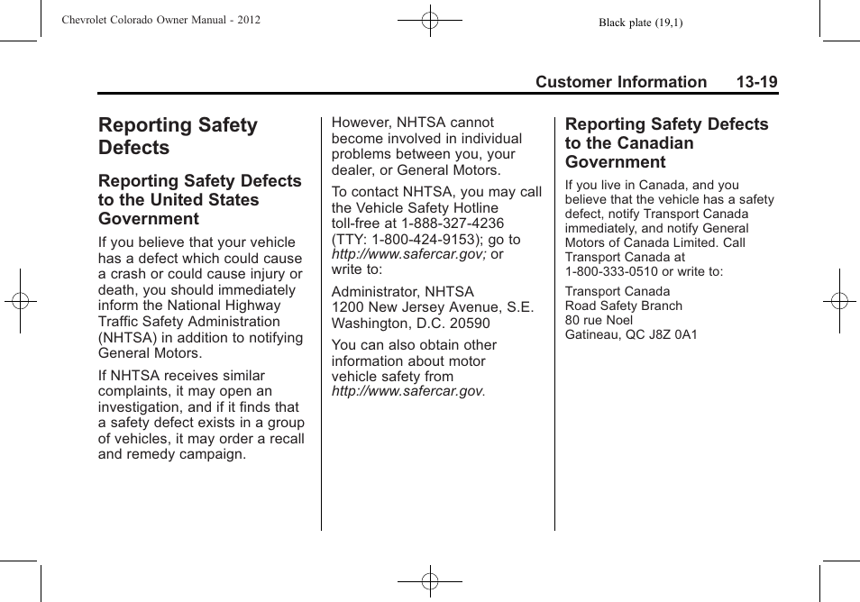 Reporting safety defects, Reporting safety defects -19, Reporting safety defects to | The united states government -19, Canadian government -19 | CHEVROLET 2012 Colorado User Manual | Page 393 / 408