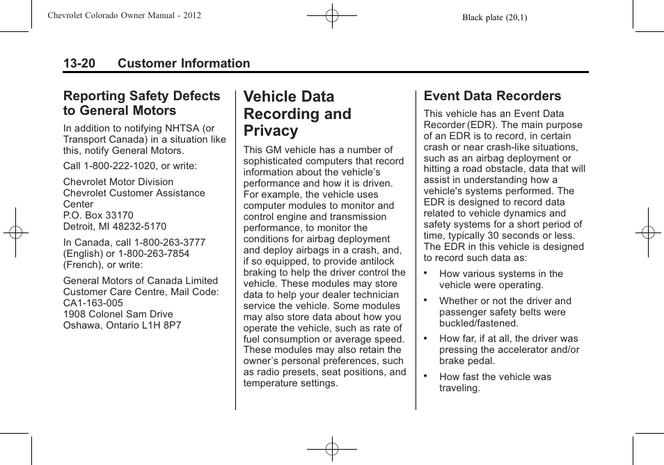 Reporting safety defects to general motors, Vehicle data recording and privacy, Event data recorders | Vehicle data recording and, Privacy -20, Defects to, General motors -20, Event data recorders -20, 20 customer information | CHEVROLET 2012 Colorado User Manual | Page 394 / 408