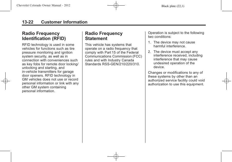 Radio frequency identification (rfid), Radio frequency statement, Identification (rfid) -22 | Radio frequency, Statement -22 | CHEVROLET 2012 Colorado User Manual | Page 396 / 408