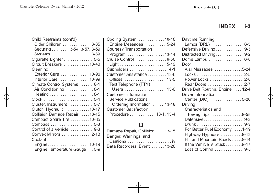 Index_d, Index i-3 | CHEVROLET 2012 Colorado User Manual | Page 399 / 408