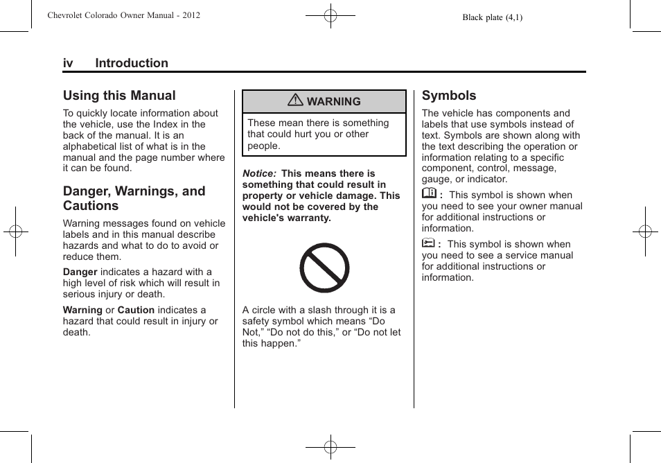 Using this manual, Danger, warnings, and cautions, Symbols | CHEVROLET 2012 Colorado User Manual | Page 4 / 408