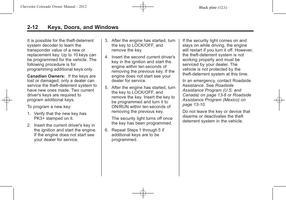 12 keys, doors, and windows | CHEVROLET 2012 Colorado User Manual | Page 40 / 408