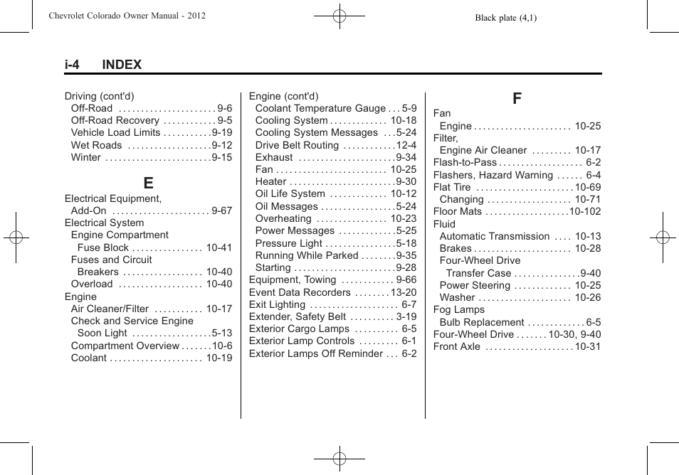 Index_e, Index_f | CHEVROLET 2012 Colorado User Manual | Page 400 / 408