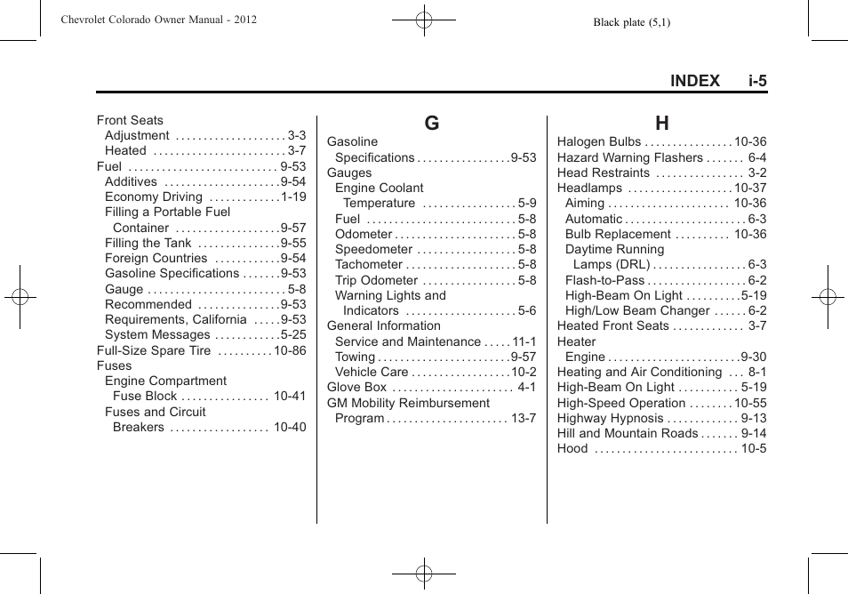 Index_g, Index_h | CHEVROLET 2012 Colorado User Manual | Page 401 / 408