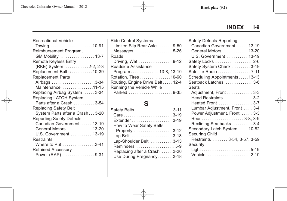 Index_s, Index i-9 | CHEVROLET 2012 Colorado User Manual | Page 405 / 408