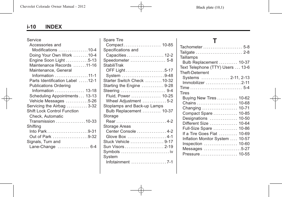 Index_t, I-10 index | CHEVROLET 2012 Colorado User Manual | Page 406 / 408