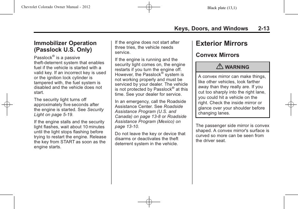 Immobilizer operation (passlock u.s. only), Exterior mirrors, Convex mirrors | Exterior mirrors -13, Operation, Passlock u.s. only) -13, Convex mirrors -13 | CHEVROLET 2012 Colorado User Manual | Page 41 / 408