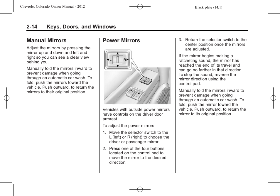 Manual mirrors, Power mirrors, Manual mirrors -14 power mirrors -14 | CHEVROLET 2012 Colorado User Manual | Page 42 / 408