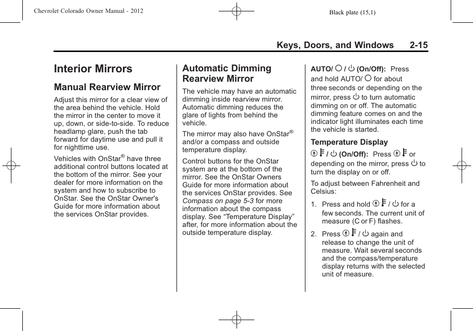 Interior mirrors, Manual rearview mirror, Automatic dimming rearview mirror | Interior mirrors -15, Mirror -15 | CHEVROLET 2012 Colorado User Manual | Page 43 / 408