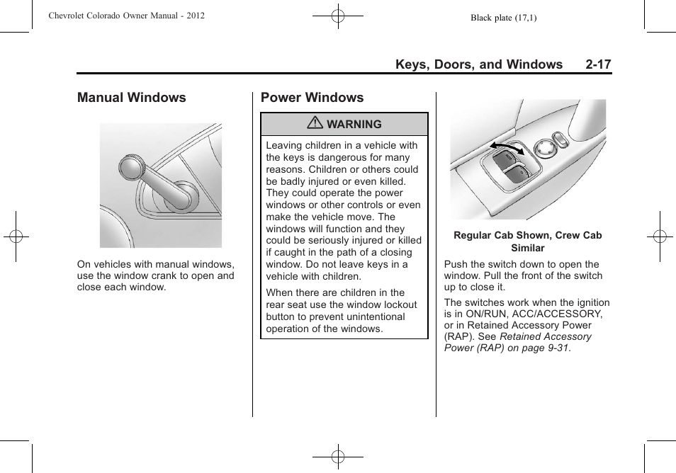 Manual windows, Power windows, Manual windows -17 power windows -17 | CHEVROLET 2012 Colorado User Manual | Page 45 / 408