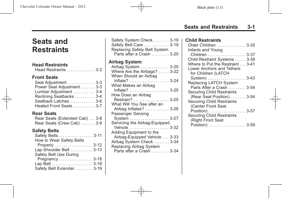 Seats and restraints, Seats and restraints -1, Seats and restraints 3-1 | CHEVROLET 2012 Colorado User Manual | Page 49 / 408