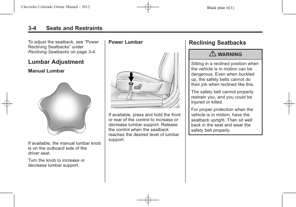 Lumbar adjustment, Reclining seatbacks, Lumbar adjustment -4 reclining seatbacks -4 | CHEVROLET 2012 Colorado User Manual | Page 52 / 408